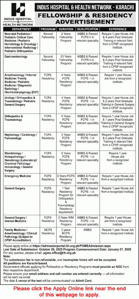 Indus Hospital Karachi Fellowship Residency Program October 2025 Apply Online PGME