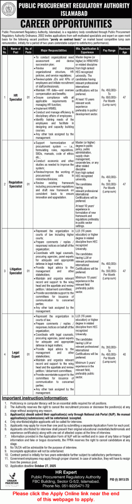 Public Procurement Regulatory Authority Islamabad Jobs 