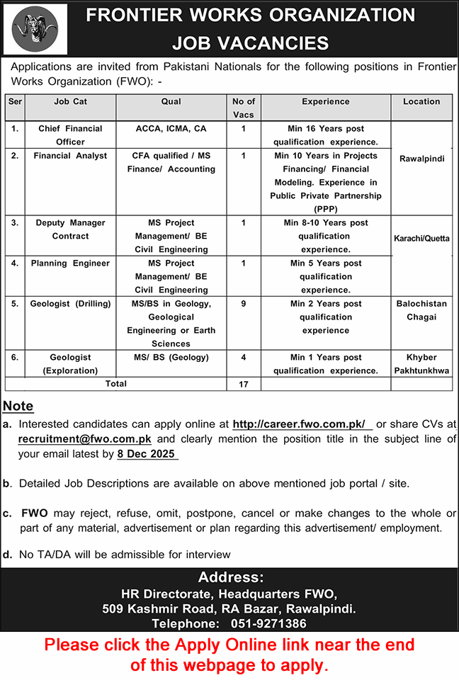 FWO Jobs November 2025 Apply Online
