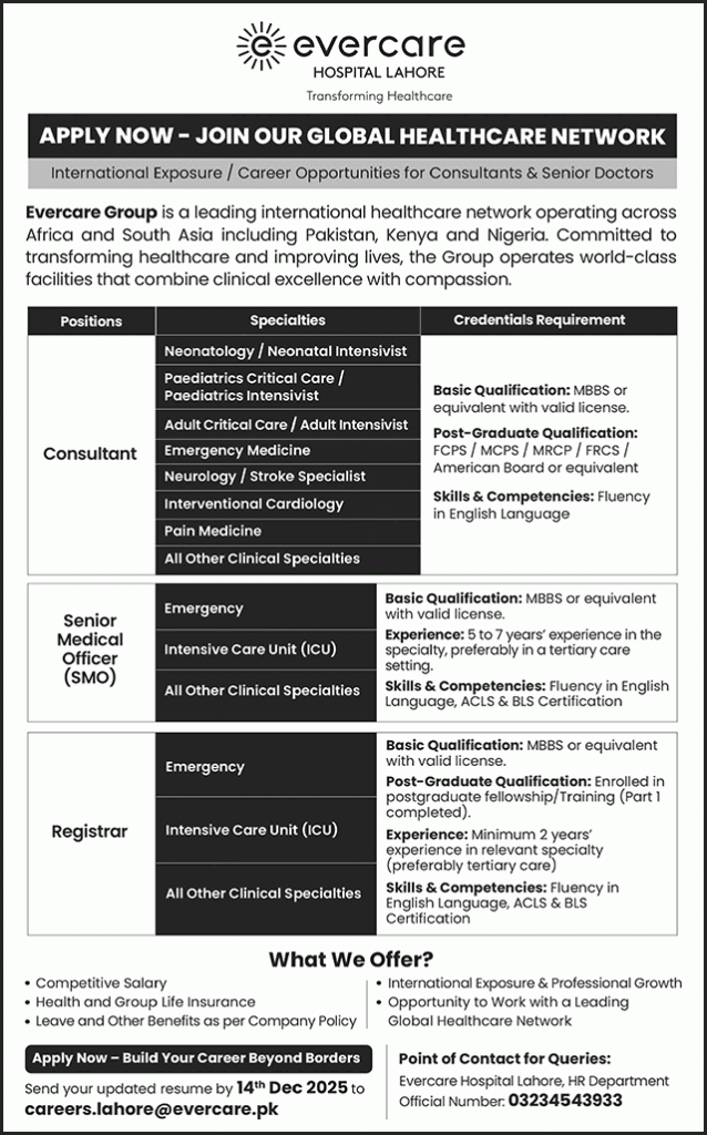Evercare Hospital Lahore Jobs