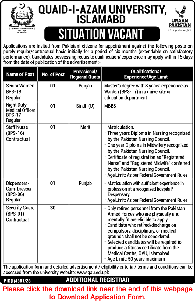 Quaid i Azam University Islamabad Jobs
