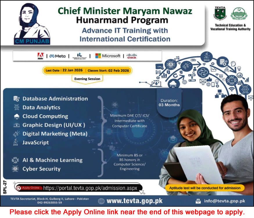 Chief Minister Punjab Hunarmand Program 2026 Apply Online TEVTA Free IT Training