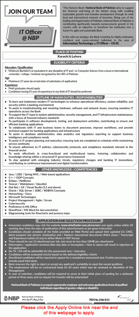 IT Officer Jobs in National Bank of Pakistan April 2026 May Apply Online NBP OG-III Latest