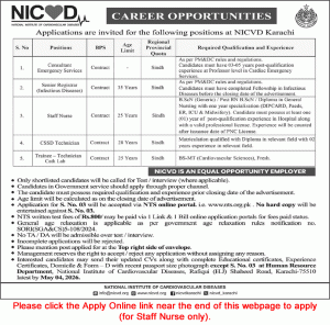 NICVD Karachi Jobs April 2026 Staff Nurse Trainee Medical Technicians & Others Latest