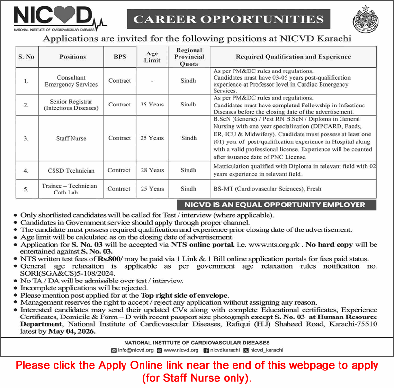 NICVD Karachi Jobs April 2026 Staff Nurse Trainee Medical Technicians & Others Latest