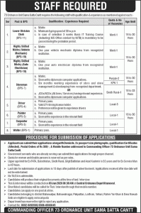 73 Ordnance Unit Sama Satta Cantt Jobs 2026 May Storeman, Drivers & Others Pakistan Army Latest