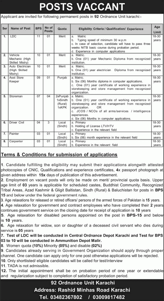92 Ordnance Unit Karachi Jobs May 2026 Drivers, Storeman & Others Pakistan Army Latest