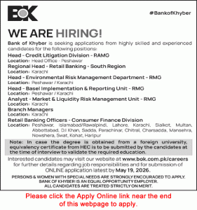Bank of Khyber Jobs May 2026 Apply Online Retail Banking Officers & Others BOK Latest