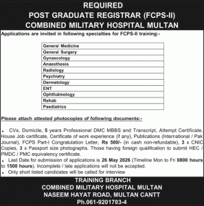CMH Multan FCPS-II Postgraduate Training 2026 May Registrars Combined Military Hospital Latest