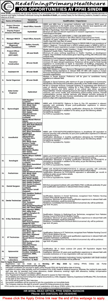 PPHI Sindh Jobs May 2026 Apply Online Social Organizer, HR Assistant & Others Peoples Primary Healthcare Initiative Latest