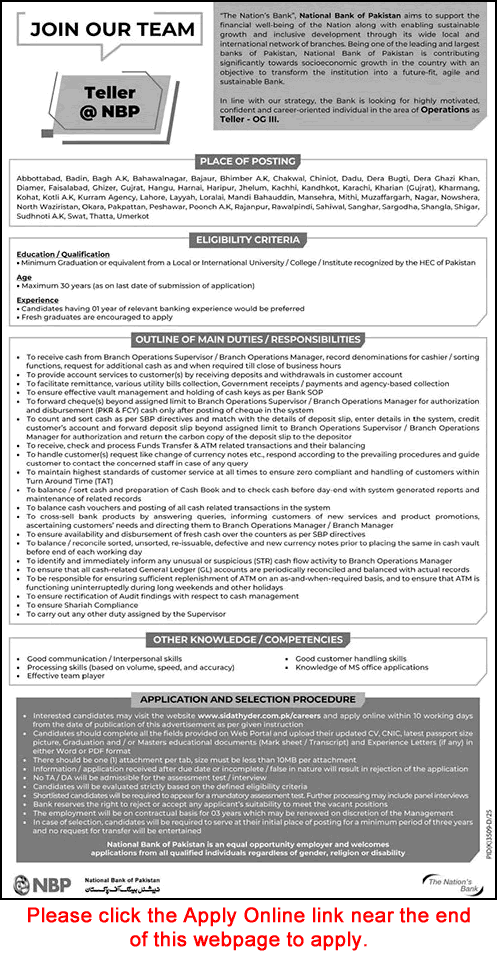Teller Jobs in National Bank of Pakistan May 2026 Apply Online NBP Cash Officer Cashier Latest