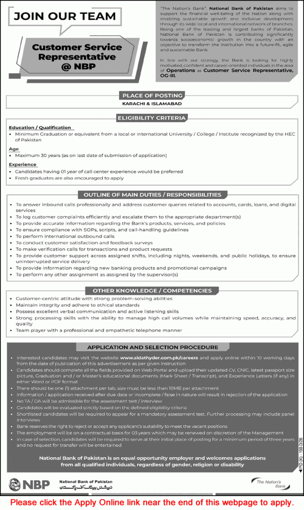 Customer Service Representative Jobs in National Bank of Pakistan