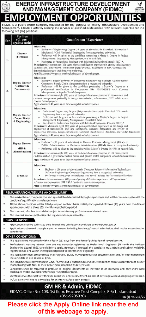 Energy Infrastructure Development and Management Company Islamabad Jobs 2026 July Apply Online EIDMC Latest