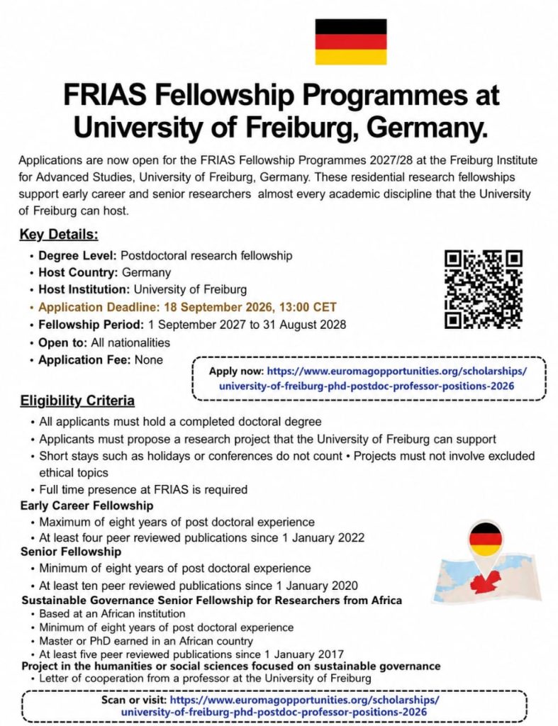 FRIAS Fellowship Programmes 2027-28 at the University of Freiburg – Fully Funded Research Fellowship