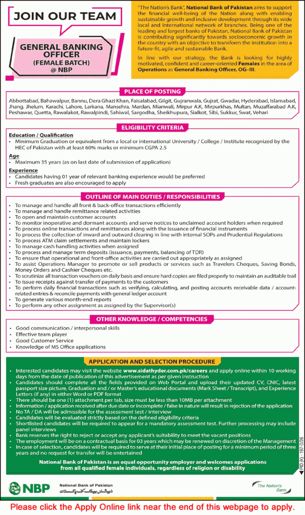 General Banking Officer Jobs in National Bank of Pakistan