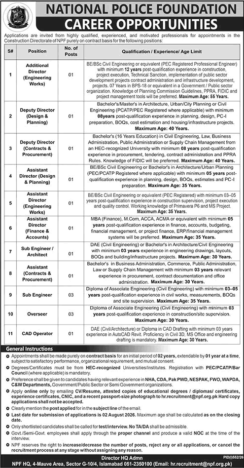 National Police Foundation Islamabad Jobs 2026 July Sub Engineers Overseers & Others NPF Latest