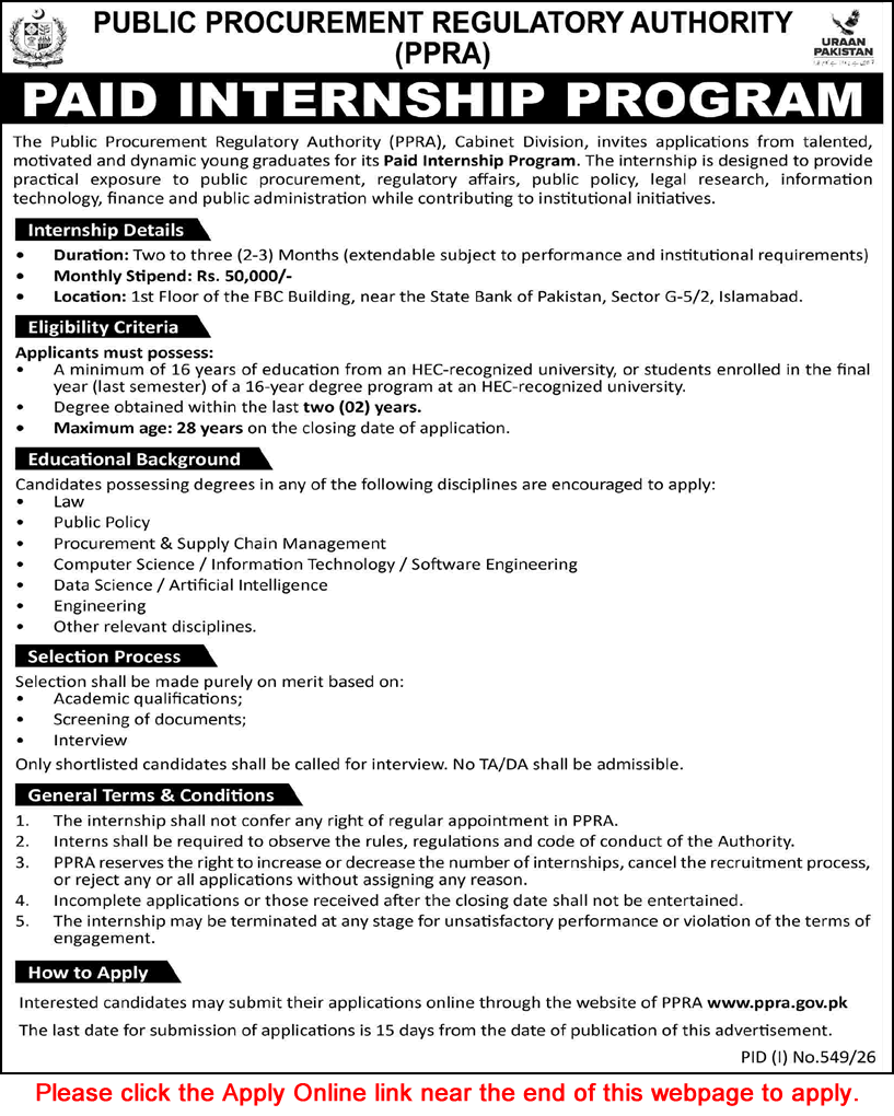 PPRA Internship Program 2026 July Apply Online Public Procurement Regulatory Authority Jobs