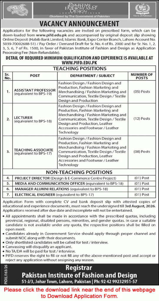 Pakistan Institute of Fashion Design Lahore Jobs
