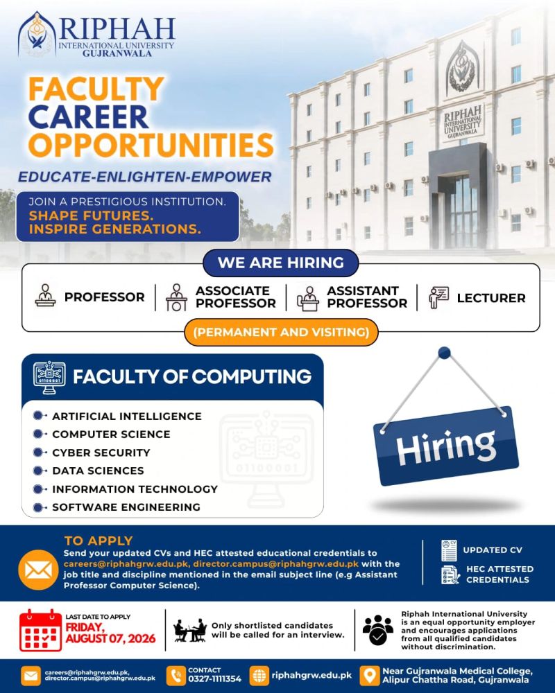Riphah International University, Gujranwala JOBS