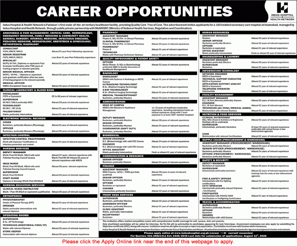 Indus Hospital Islamabad Jobs August 2026 Apply Online Medical Officers Consultants Nurses & Others Latest