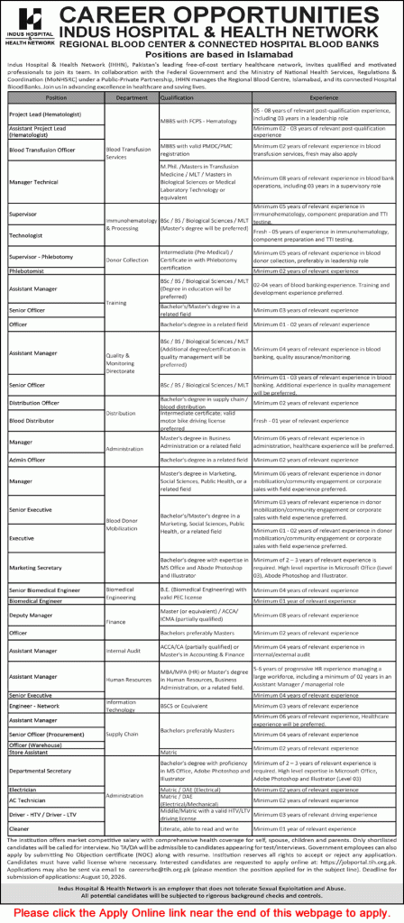 Indus Hospital Islamabad Jobs August 2026 Apply Online at Regional Blood Center & Blood Banks Latest