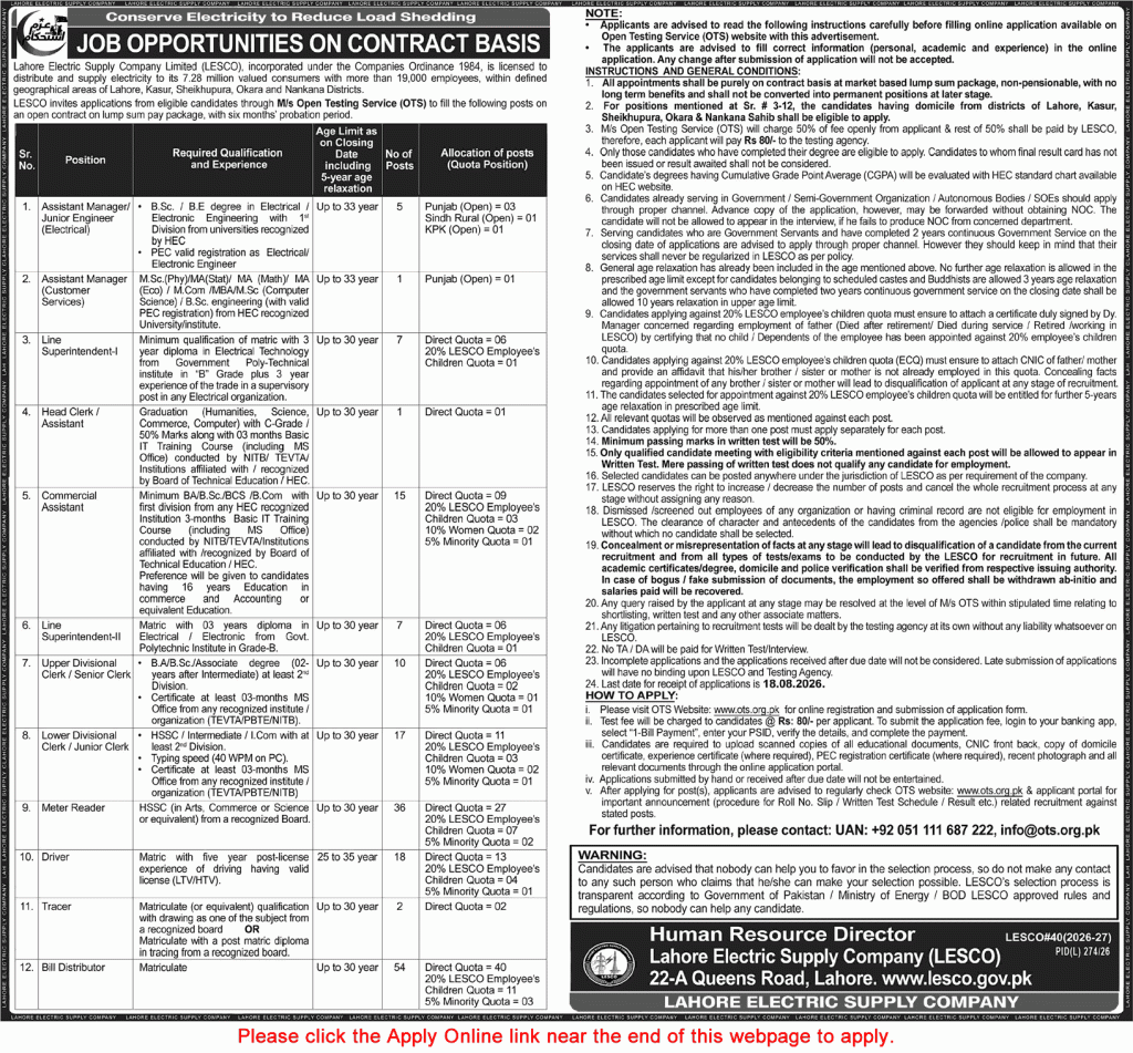 LESCO Jobs August 2026 OTS Apply Online WAPDA Bill Distributors Meter Readers & Others Latest
