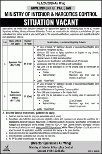 Ministry of Interior and Narcotics Control Islamabad Jobs 2026 August Squadron Pilots & Maintenance Officer Latest