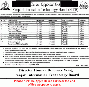 PITB Jobs August 2026 Apply Online Punjab Information Technology Board Latest