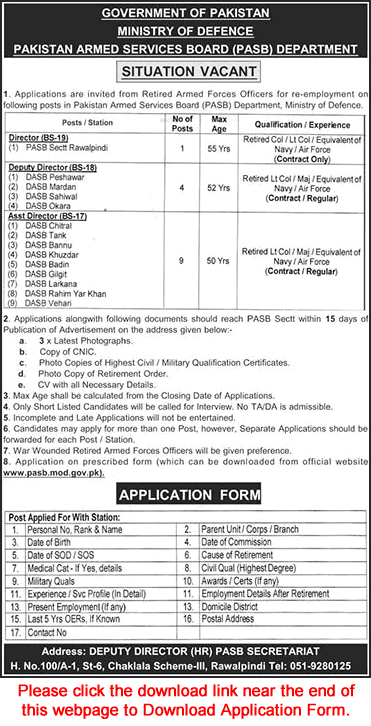 Pakistan Armed Services Board Jobs August 2026 Application Form Deputy Assistant Directors Ex-Retired Army Officers PASB Latest