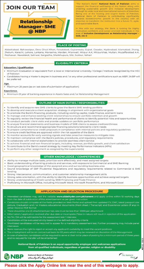 Relationship Manager Jobs in National Bank of Pakistan August 2026 Apply Online NBP Latest