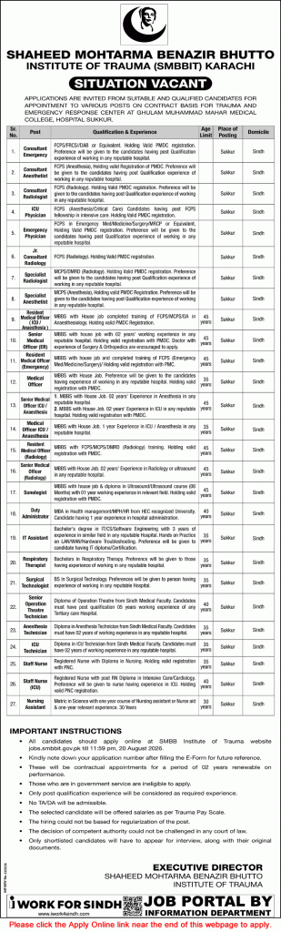 Shaheed Mohtarma Benazir Bhutto Institute of Trauma Sukkur Jobs August 2026 Apply Online SMBBIT Latest
