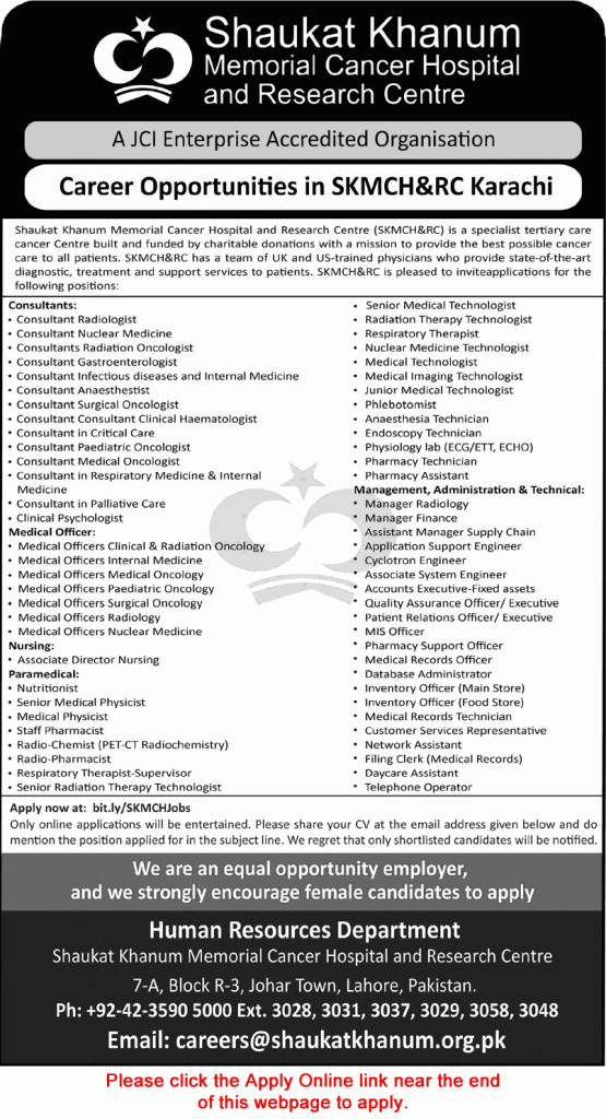 Shaukat Khanum Hospital Karachi Jobs August 2026 Apply Online Medical Officers Consultants & Others SKMCH&RC Latest