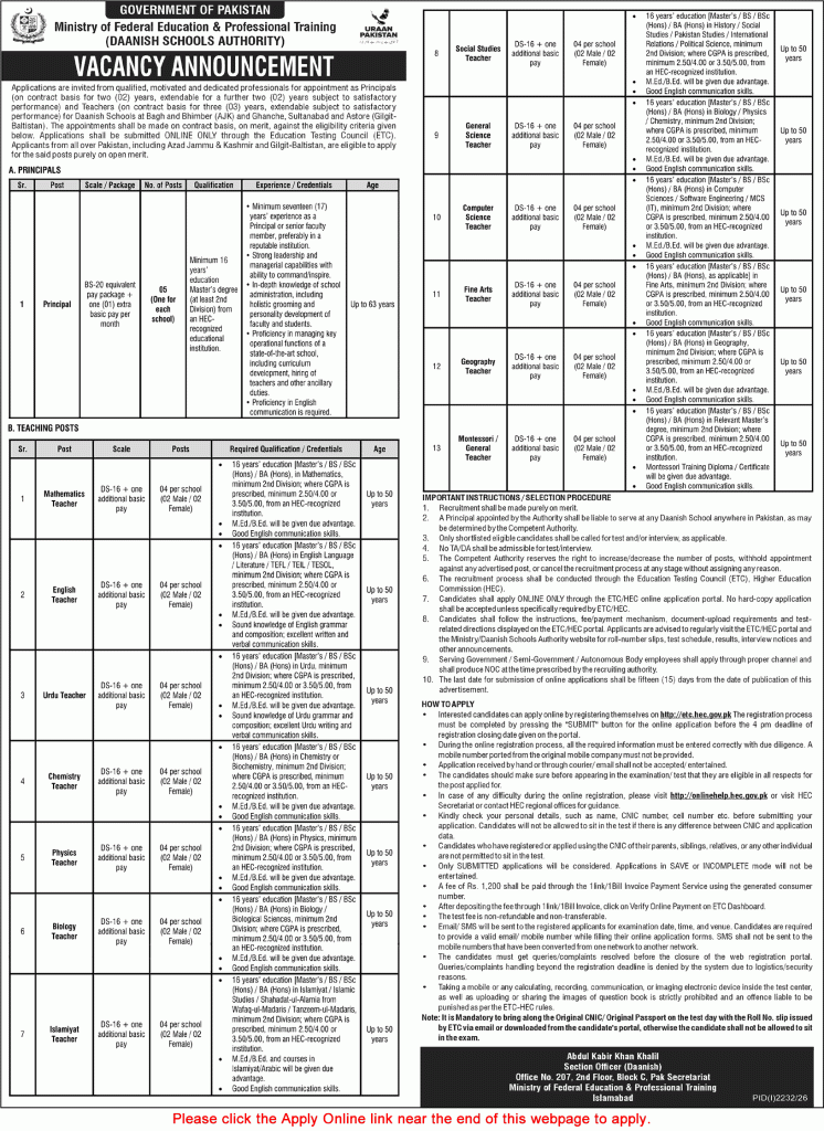 Daanish Schools Jobs September 2026 Apply Online Teachers & Principals MoFE&PT Latest