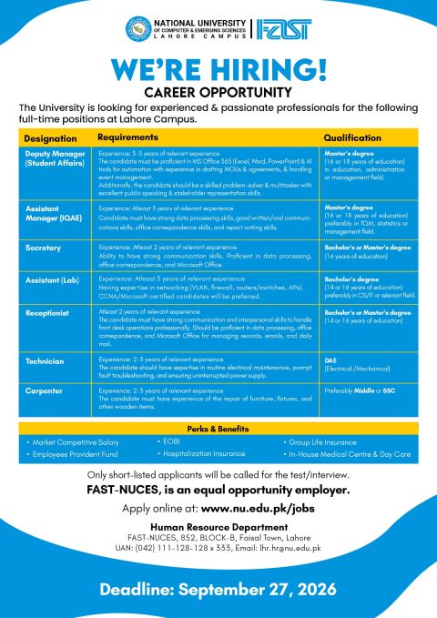 FAST-NUCES Lahore Campus jobs