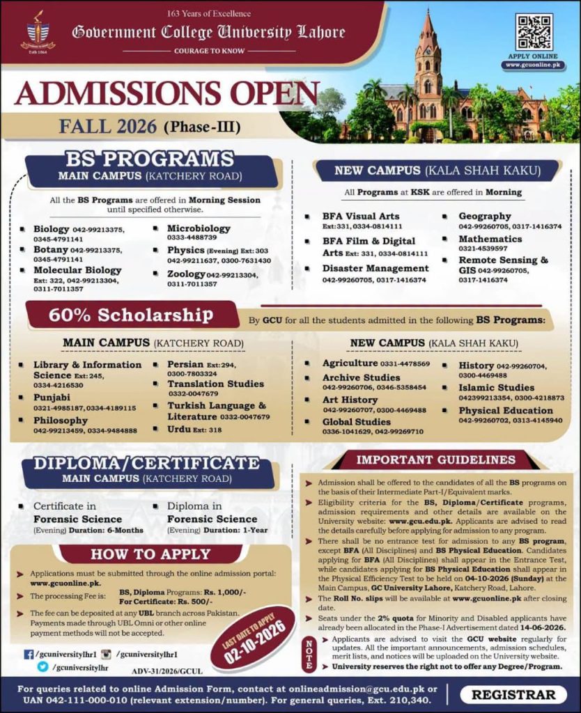 GCU LAHORE ADMISSIONS OPEN