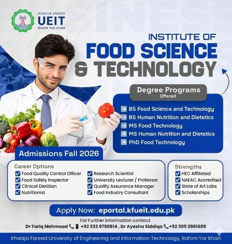 Institute of Food Science & Technology-KFUEIT-RYK Khwaja Fareed University of Engineering & Information Technology Admissions