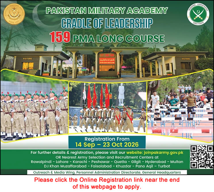Join Pakistan Army as Commissioned Officer September 2026 through 159 PMA Long Course Online Registration Latest