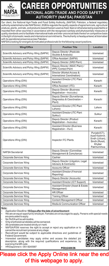 National Agri Trade and Food Safety Authority Jobs September 2026 Apply Online Deputy Assistant Directors & Others NAFSA Latest