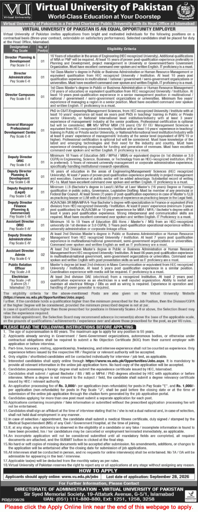 Virtual University Islamabad Jobs September 2026 Apply Online Deputy Assistant Directors & Others VU Latest